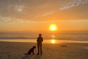My wife and our dog silhouetted against the sunset
